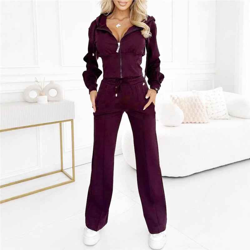 Hooded Zipper Fitted Top and Wide-Leg Pants Two-Piece Set