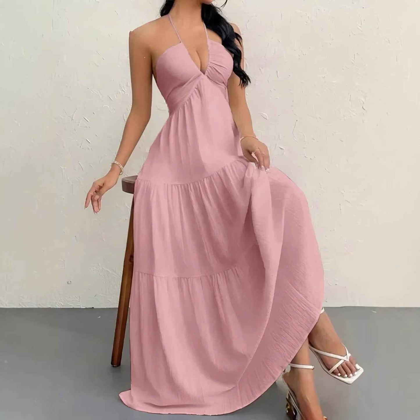 European and American Style Summer New Solid Color Strapless Sexy Backless Tie-Up Beach Vacation Casual Halter Neck Dress
