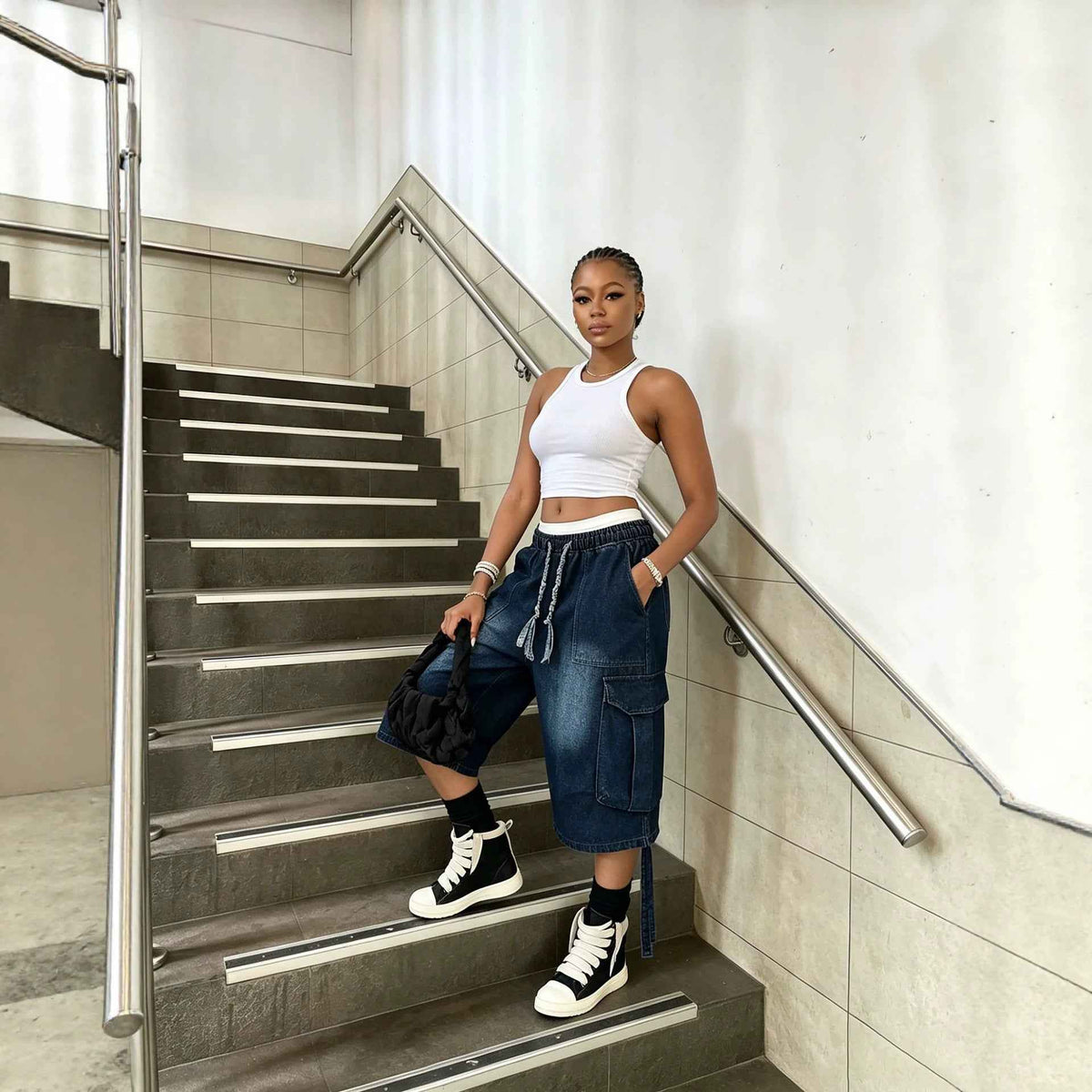 Workwear Denim Pants with Washed Finish Elastic Drawstring Waist Casual Style Bottoms