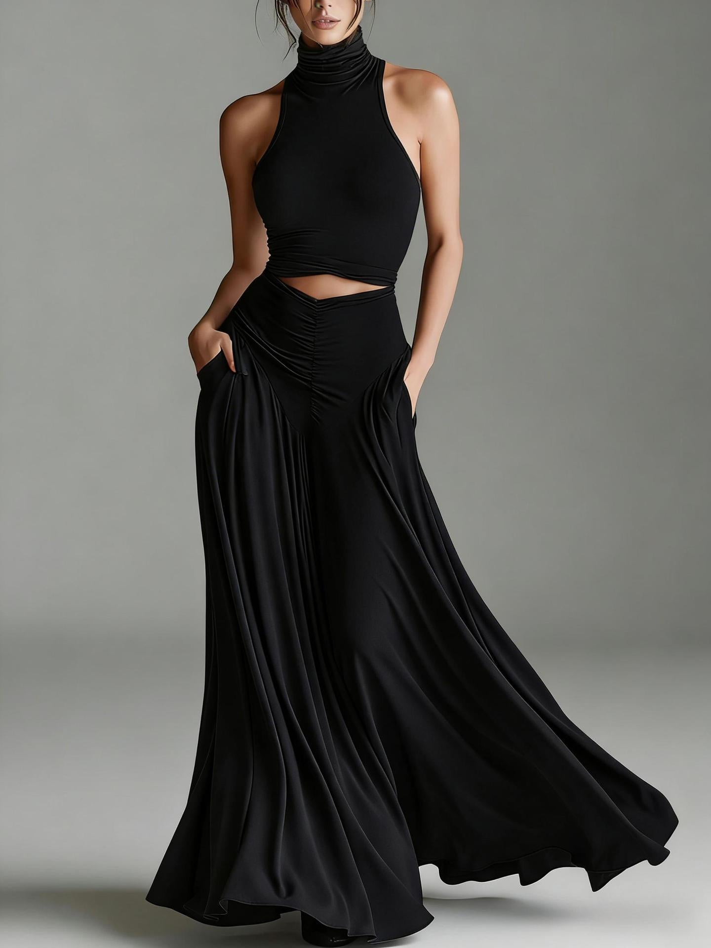 Style Sleeveless High Neck Top with Elegant Long Dress Two-Piece Set