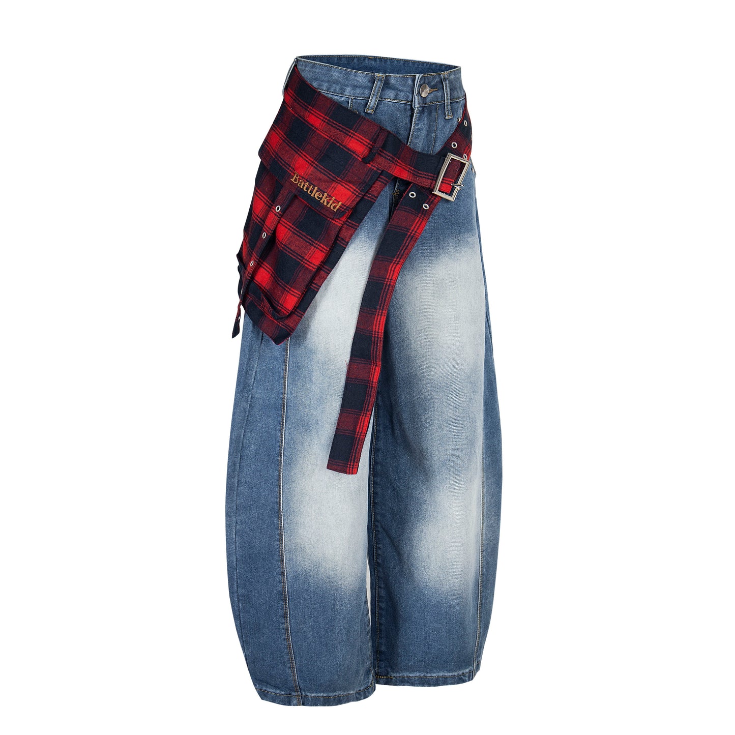 Plaid Reign | Wide-Leg Denim Trousers with Flannel Accent