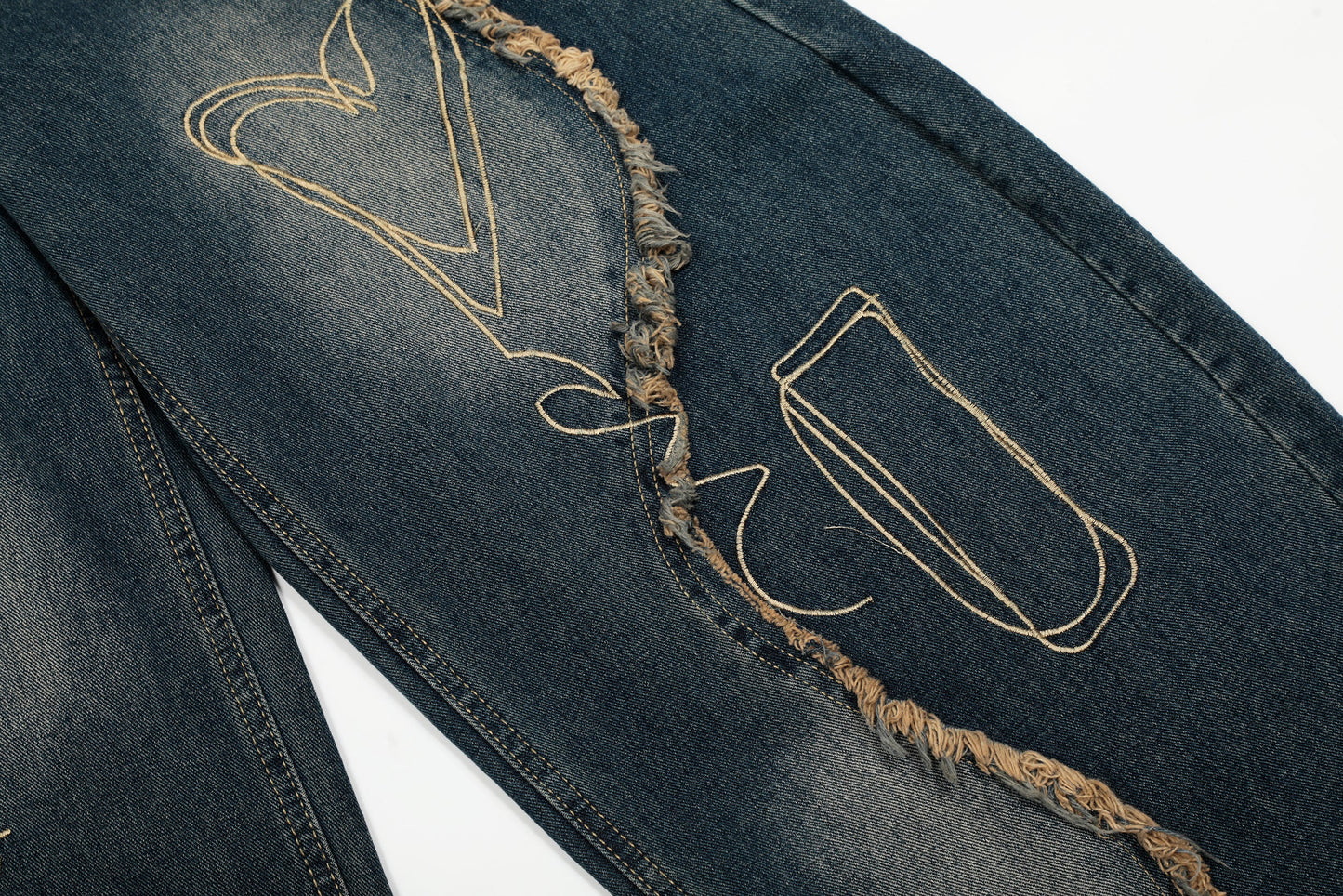 Vintage Embroidered Washed Raw-Edge Graffiti Scimitar Jeans