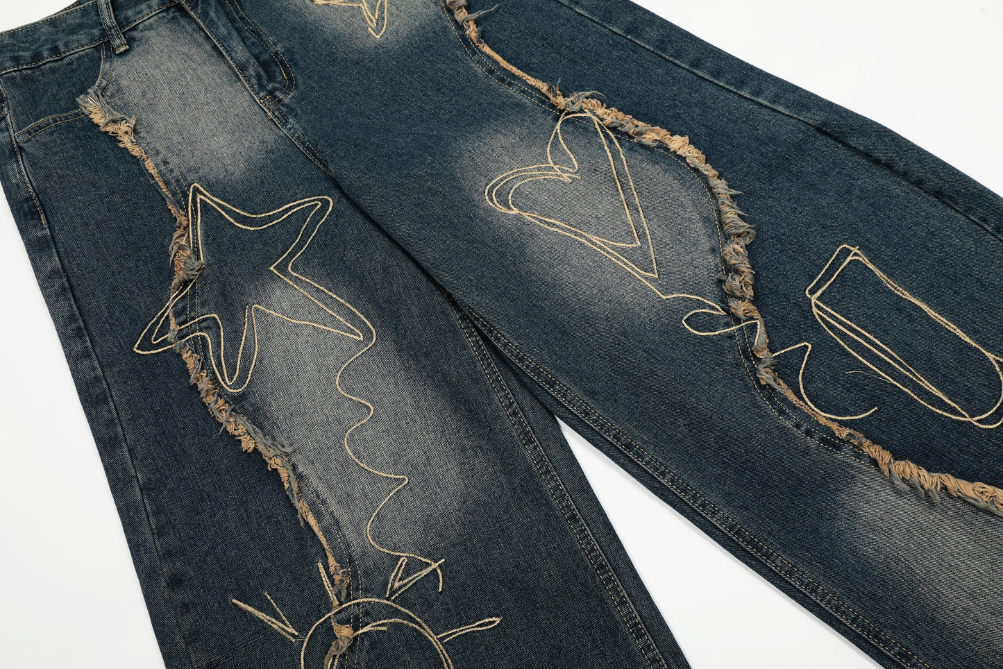 Vintage Embroidered Washed Raw-Edge Graffiti Scimitar Jeans