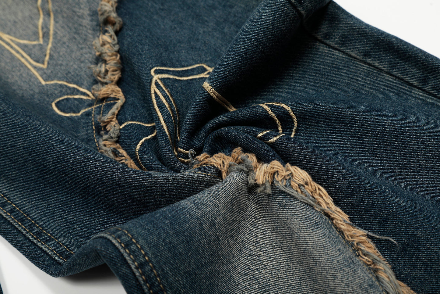 Vintage Embroidered Washed Raw-Edge Graffiti Scimitar Jeans