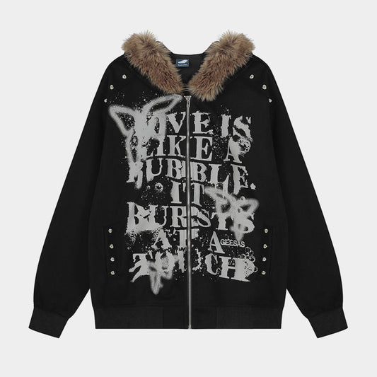 Graffiti Print Faux Fur | Zip Up Hoodie