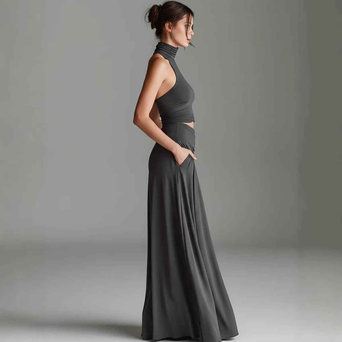 Style Sleeveless High Neck Top with Elegant Long Dress Two-Piece Set