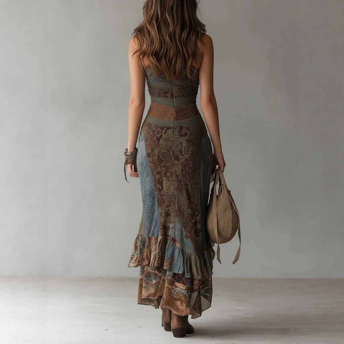 Retro Patchwork Printed Asymmetric Long Dress Slim Fit High Slit Dress