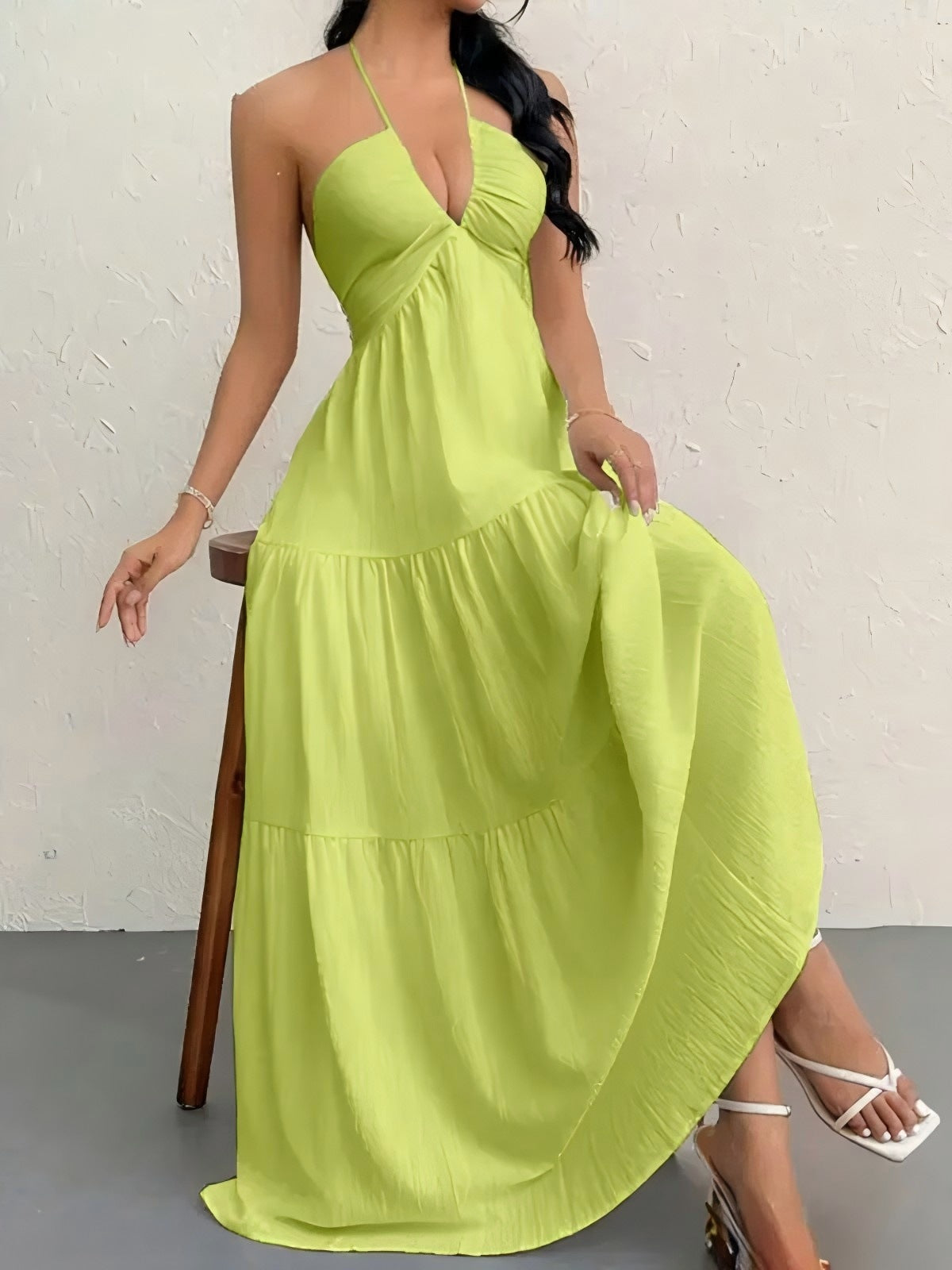 European and American Style Summer New Solid Color Strapless Sexy Backless Tie-Up Beach Vacation Casual Halter Neck Dress