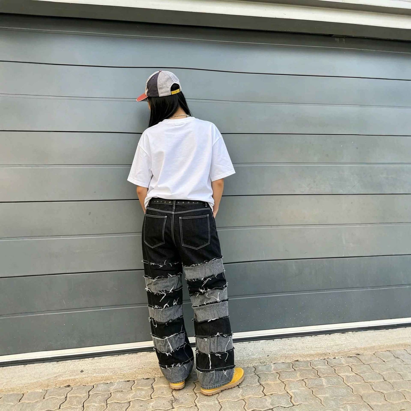 Street Deconstructed Black and Gray Patchwork Raw Hem Denim Pants