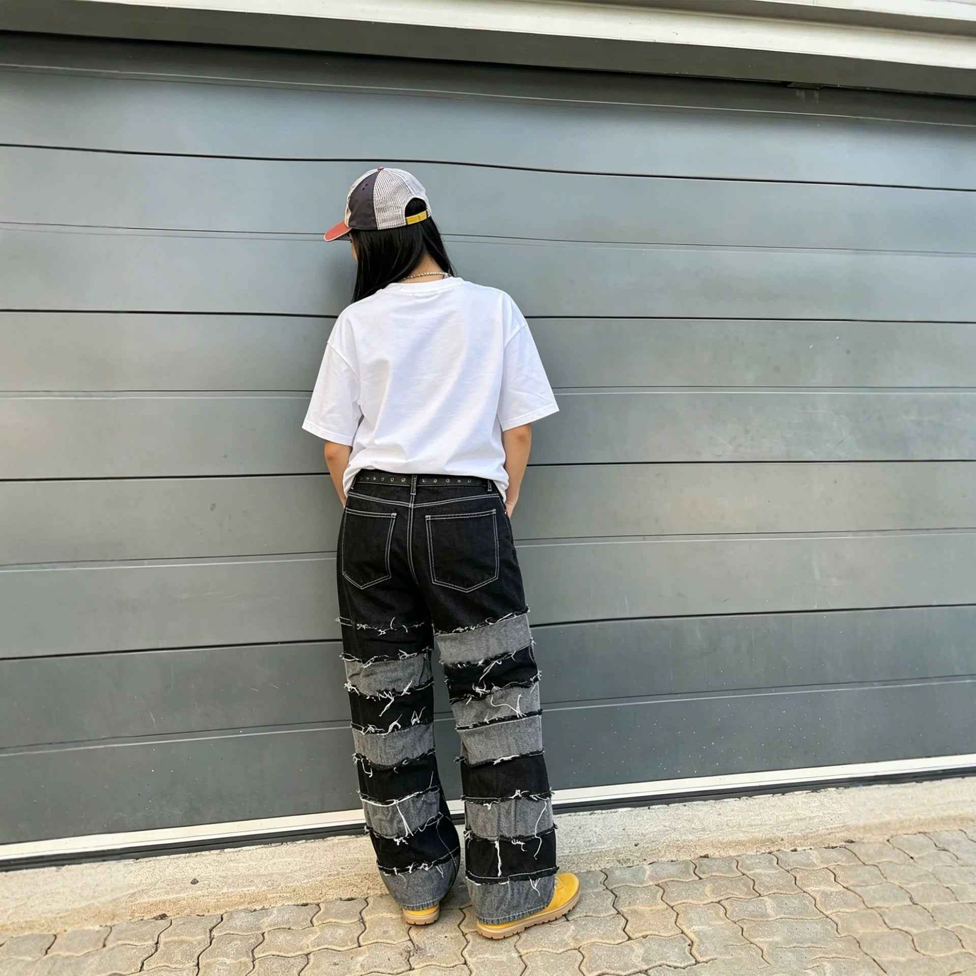 Street Deconstructed Black and Gray Patchwork Raw Hem Denim Pants
