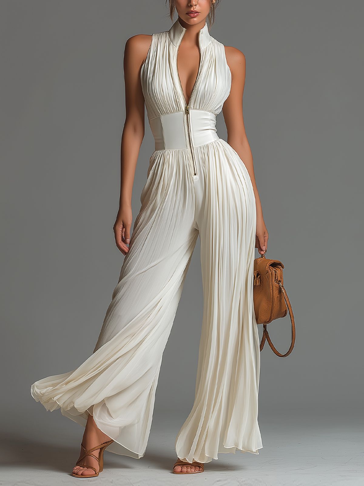 White Pleated Strap Neck Jumpsuit for Women, Long Wide Leg Fashion Sexy Folded Design
