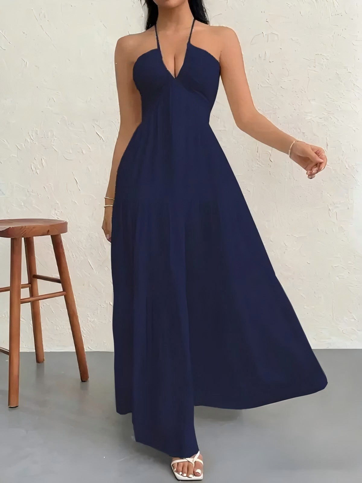 European and American Style Summer New Solid Color Strapless Sexy Backless Tie-Up Beach Vacation Casual Halter Neck Dress
