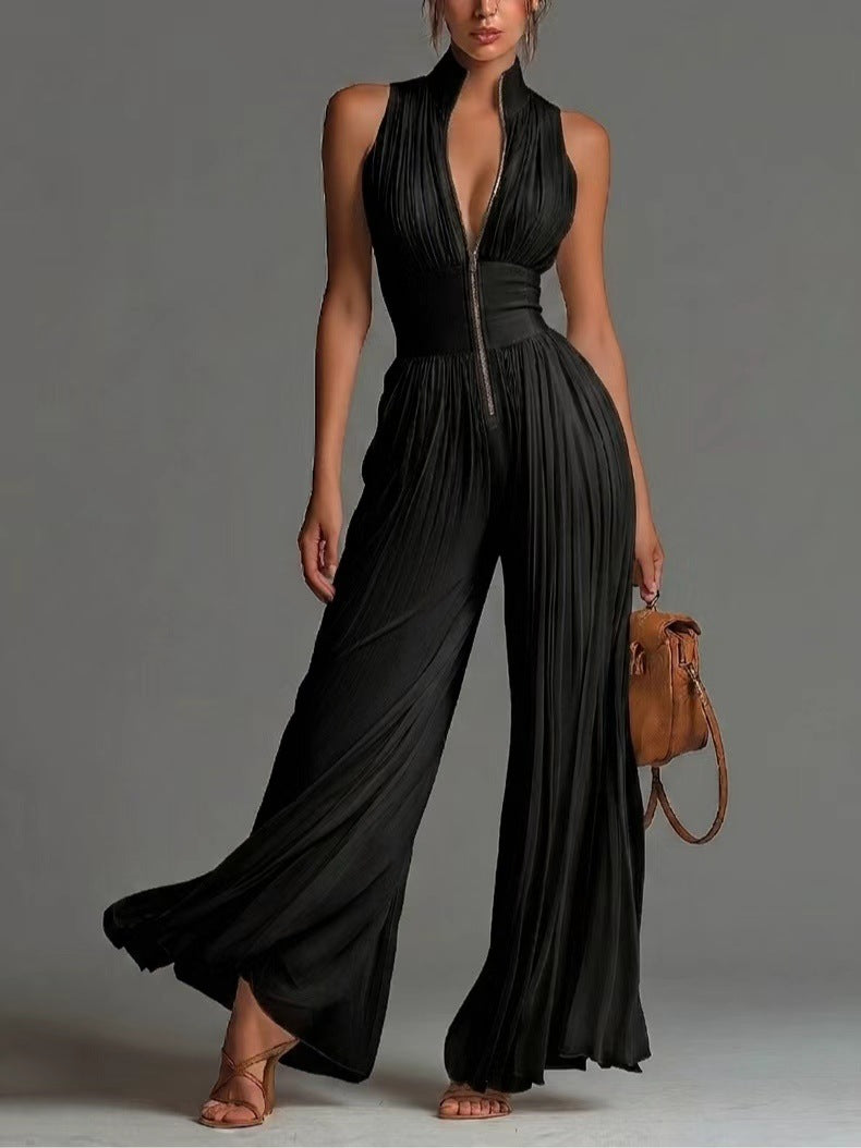 White Pleated Strap Neck Jumpsuit for Women, Long Wide Leg Fashion Sexy Folded Design
