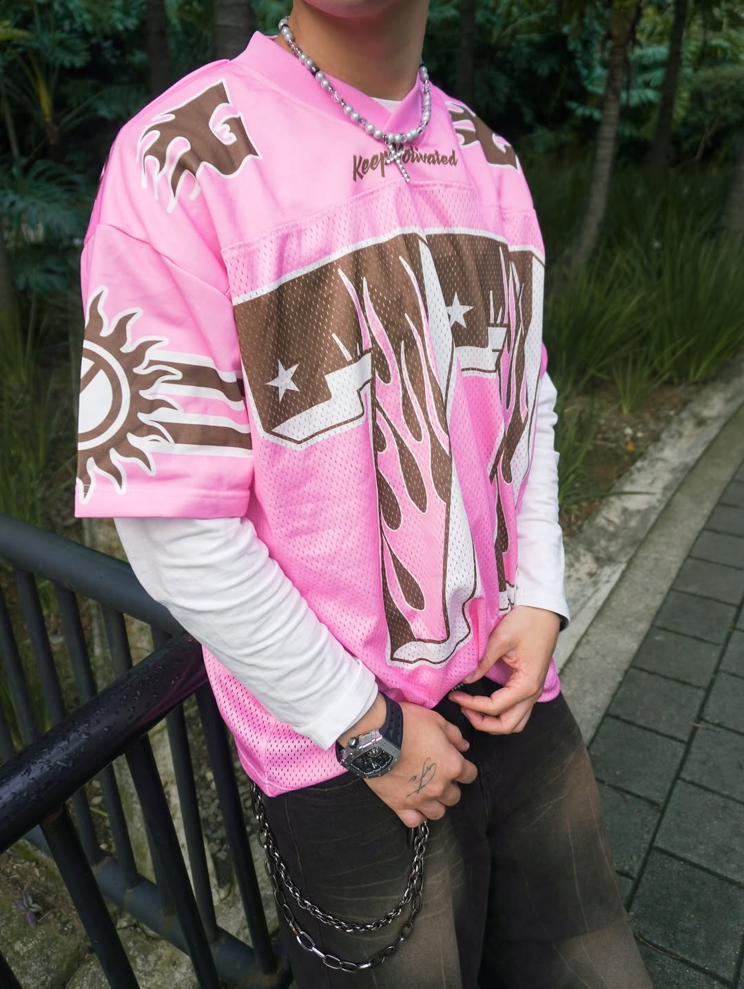 77 Flame Print Mesh Pink Jersey - OMYGOODS