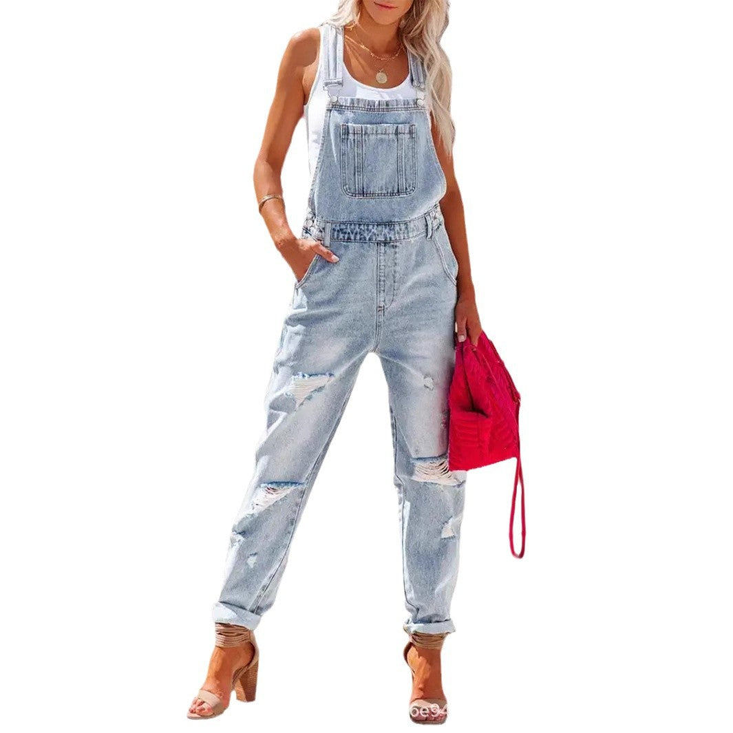 Cropped Blue Denim Overalls for Women with Ripped Details Casual FashionStrap Design, Perfect for Everyday Wear