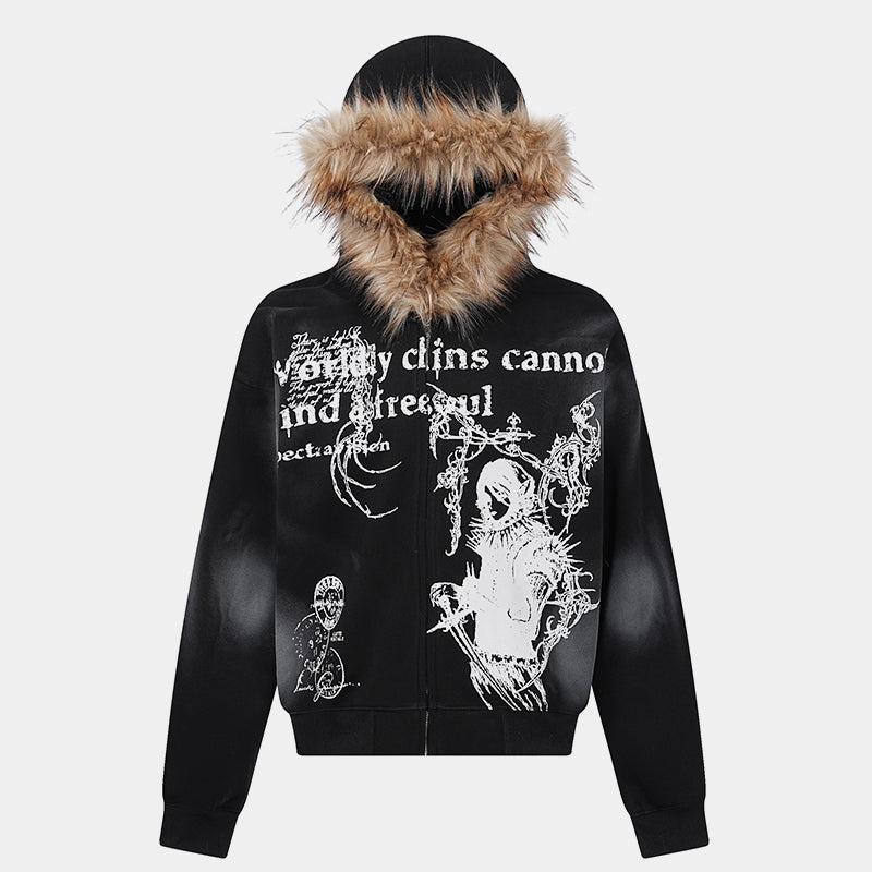 Gothic Distressed Print | Zip-Up Hoodie
