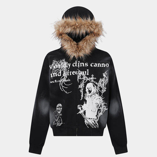 Gothic Distressed Print | Zip-Up Hoodie