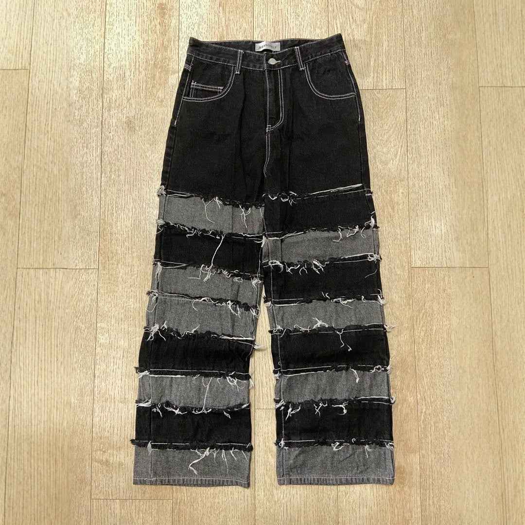 Street Deconstructed Black and Gray Patchwork Raw Hem Denim Pants