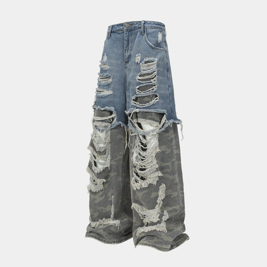Ripped Denim Camo | Layered Jeans - Unleash Your Style
