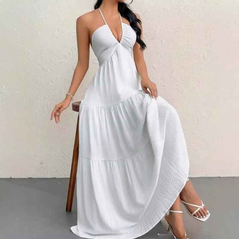 European and American Style Summer New Solid Color Strapless Sexy Backless Tie-Up Beach Vacation Casual Halter Neck Dress