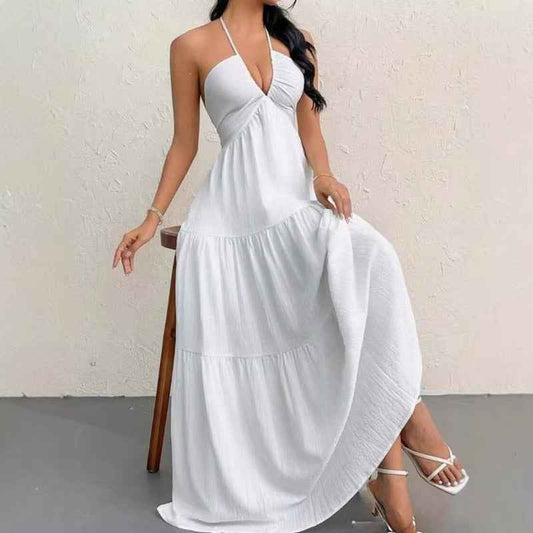 European and American Style Summer New Solid Color Strapless Sexy Backless Tie-Up Beach Vacation Casual Halter Neck Dress