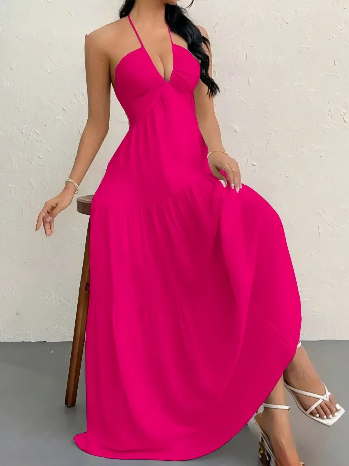 European and American Style Summer New Solid Color Strapless Sexy Backless Tie-Up Beach Vacation Casual Halter Neck Dress