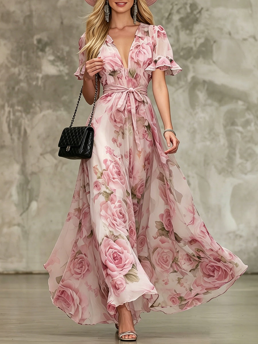 Deep V-neck ruffle sleeve printed dress