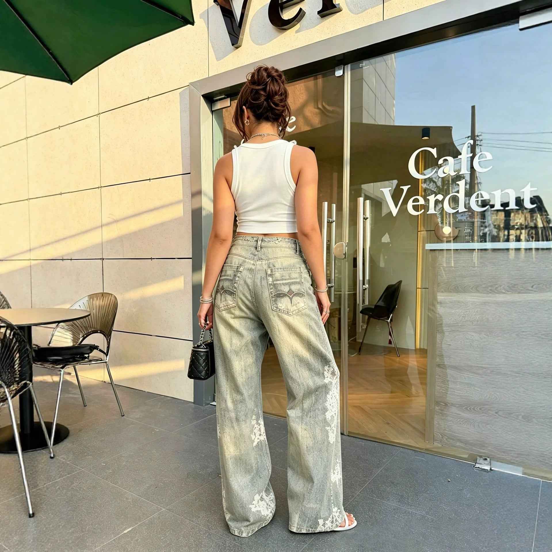 Fashion Lace Color Brick Ripped 3D Printed Jeans