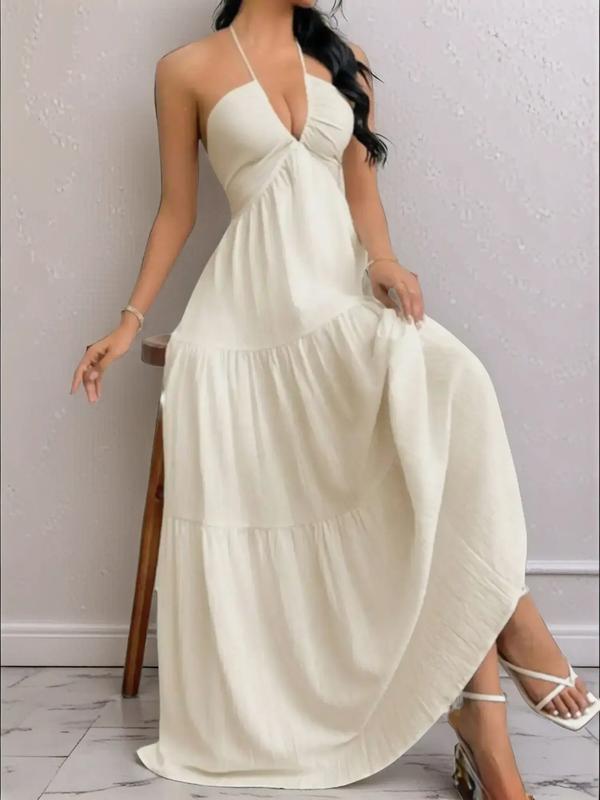 European and American Style Summer New Solid Color Strapless Sexy Backless Tie-Up Beach Vacation Casual Halter Neck Dress
