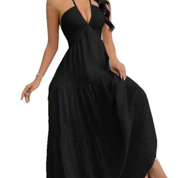 European and American Style Summer New Solid Color Strapless Sexy Backless Tie-Up Beach Vacation Casual Halter Neck Dress
