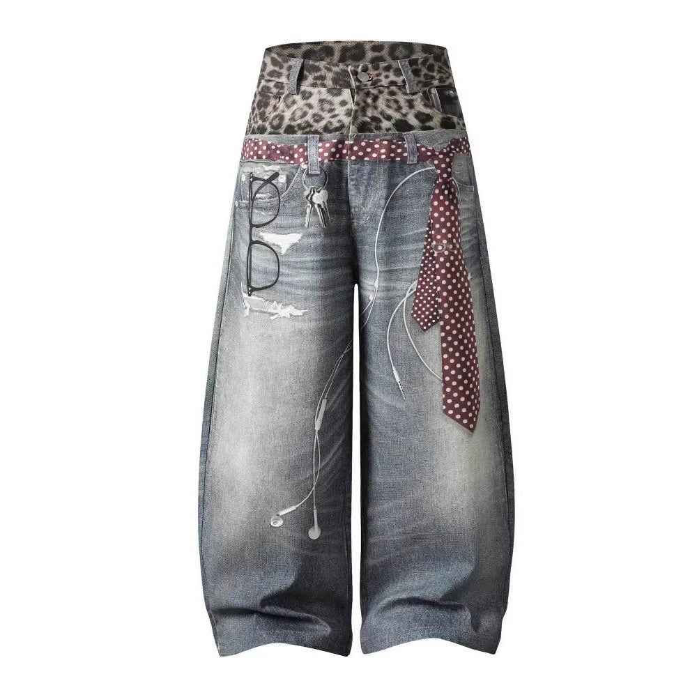 Street Style Fun Leopard Print 3D Printed Denim Pants with Double Waistband
