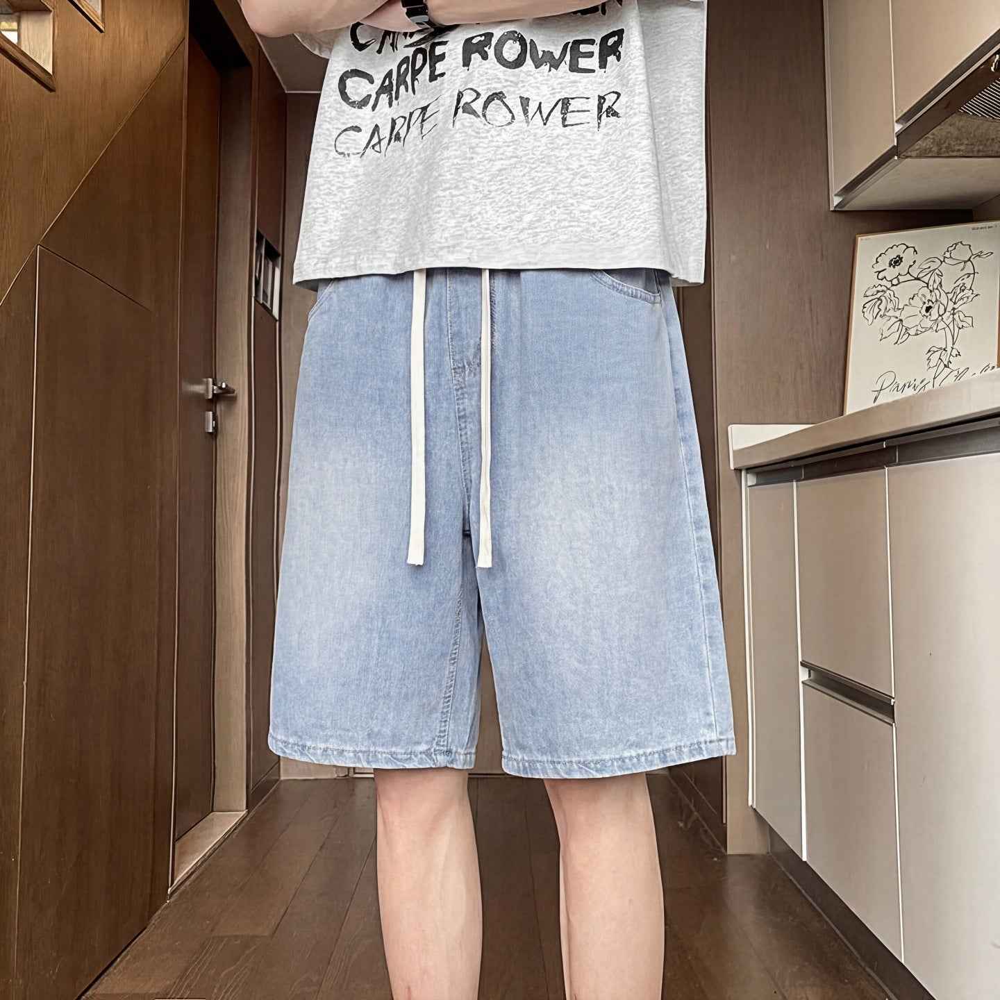 Ice Silk Denim Shorts Men's Five-Quarter Pants