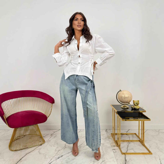 Fashion Heavy Rhinestone Side Bow Decorated Washed Denim Pants