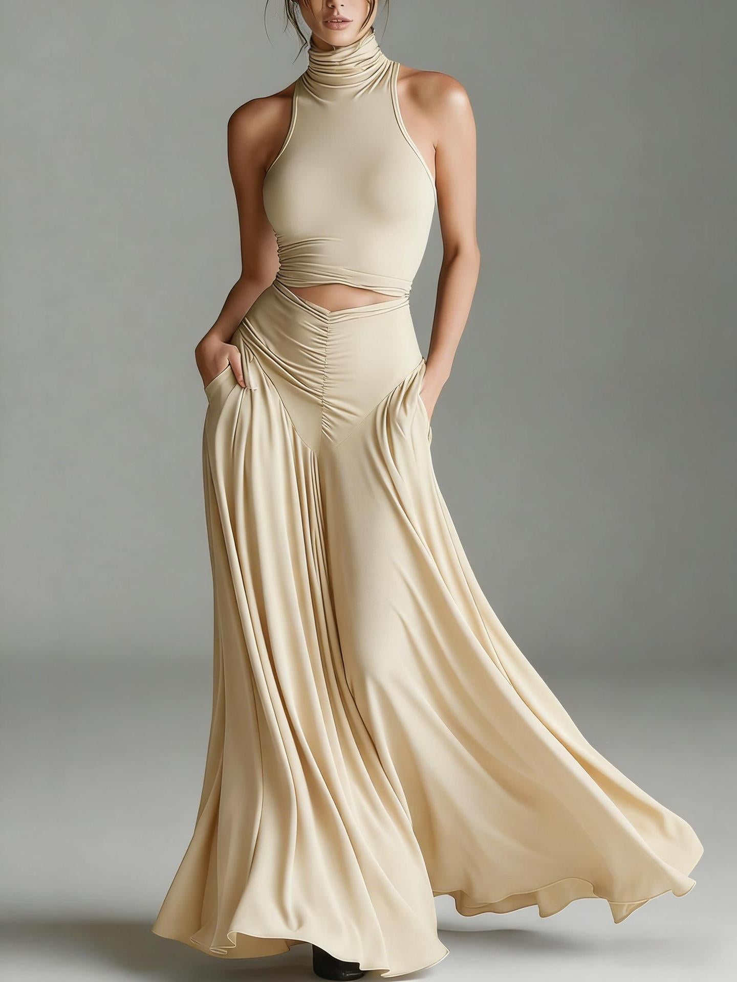 Style Sleeveless High Neck Top with Elegant Long Dress Two-Piece Set
