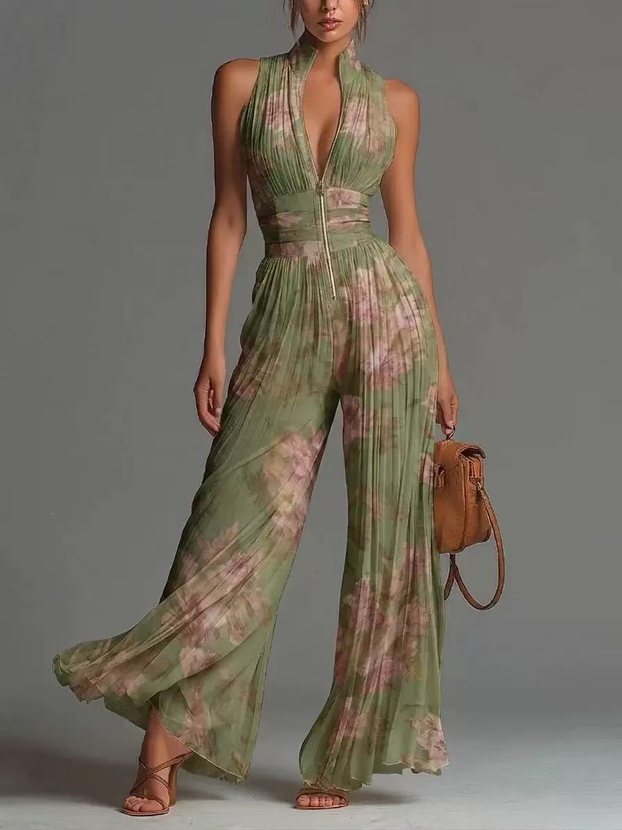 White Pleated Strap Neck Jumpsuit for Women, Long Wide Leg Fashion Sexy Folded Design