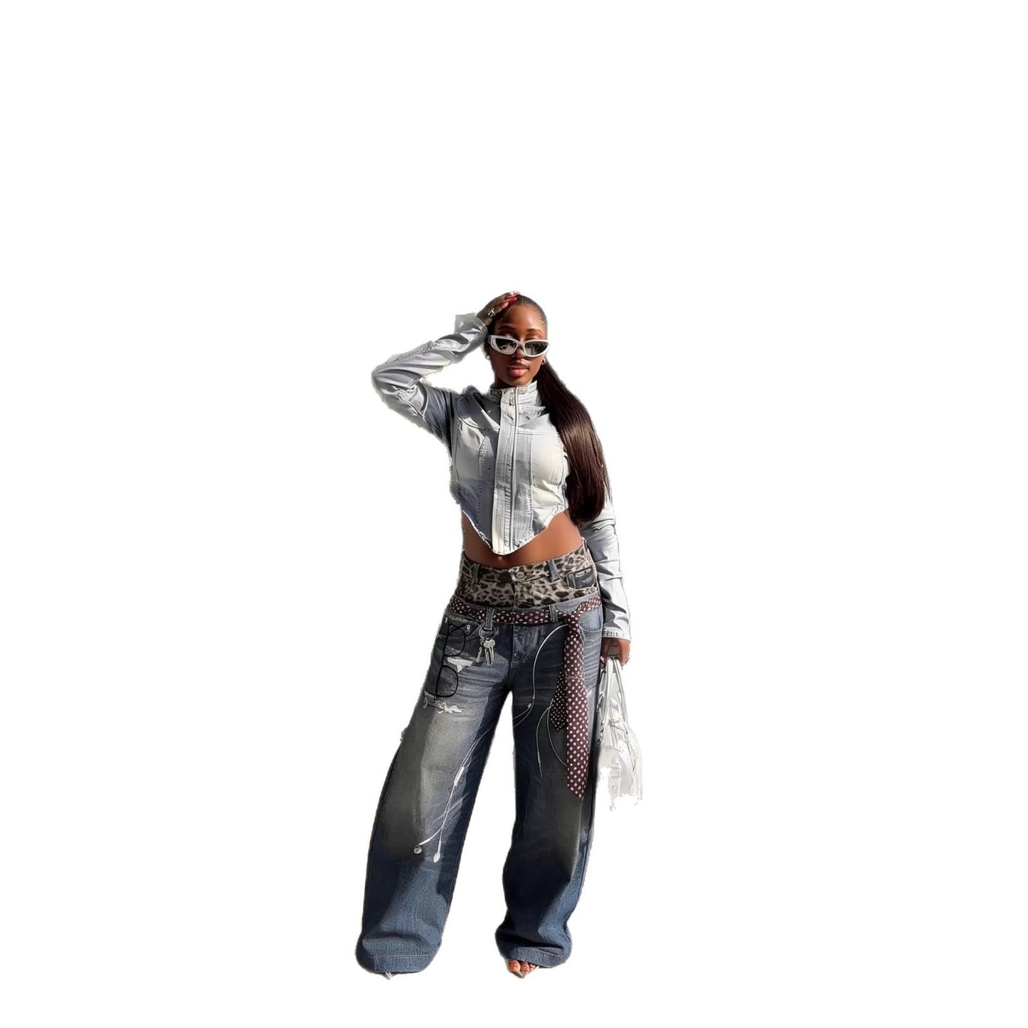 Street Style Fun Leopard Print 3D Printed Denim Pants with Double Waistband
