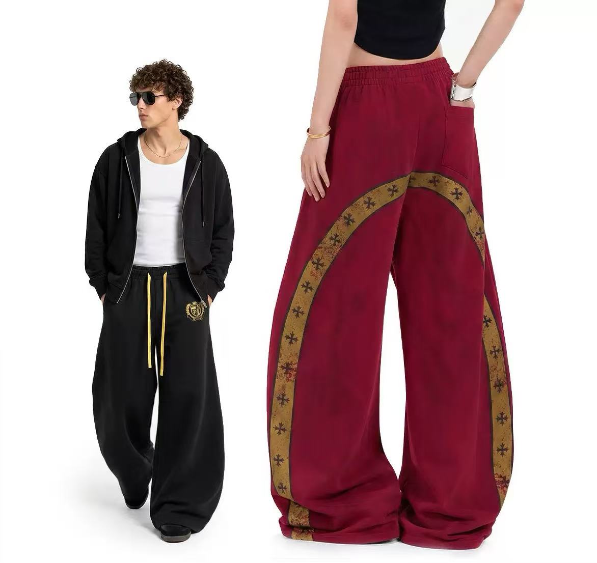 Vintage Crest Emblem Print Baggy Wide-Leg Sweatpants - OMYGOODS