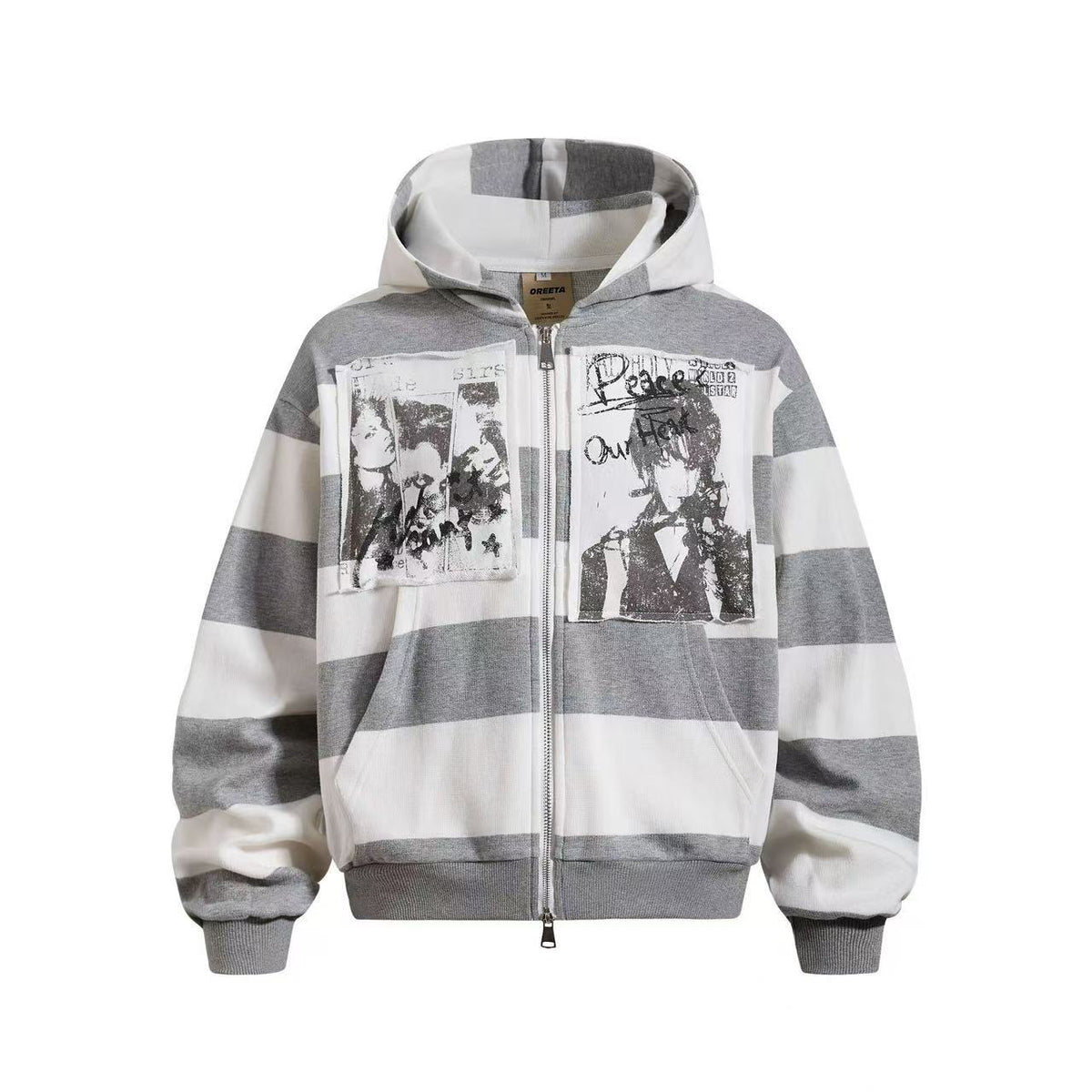 Striped Patchwork Portrait Print Zip-Up Hoodie - OMYGOODS