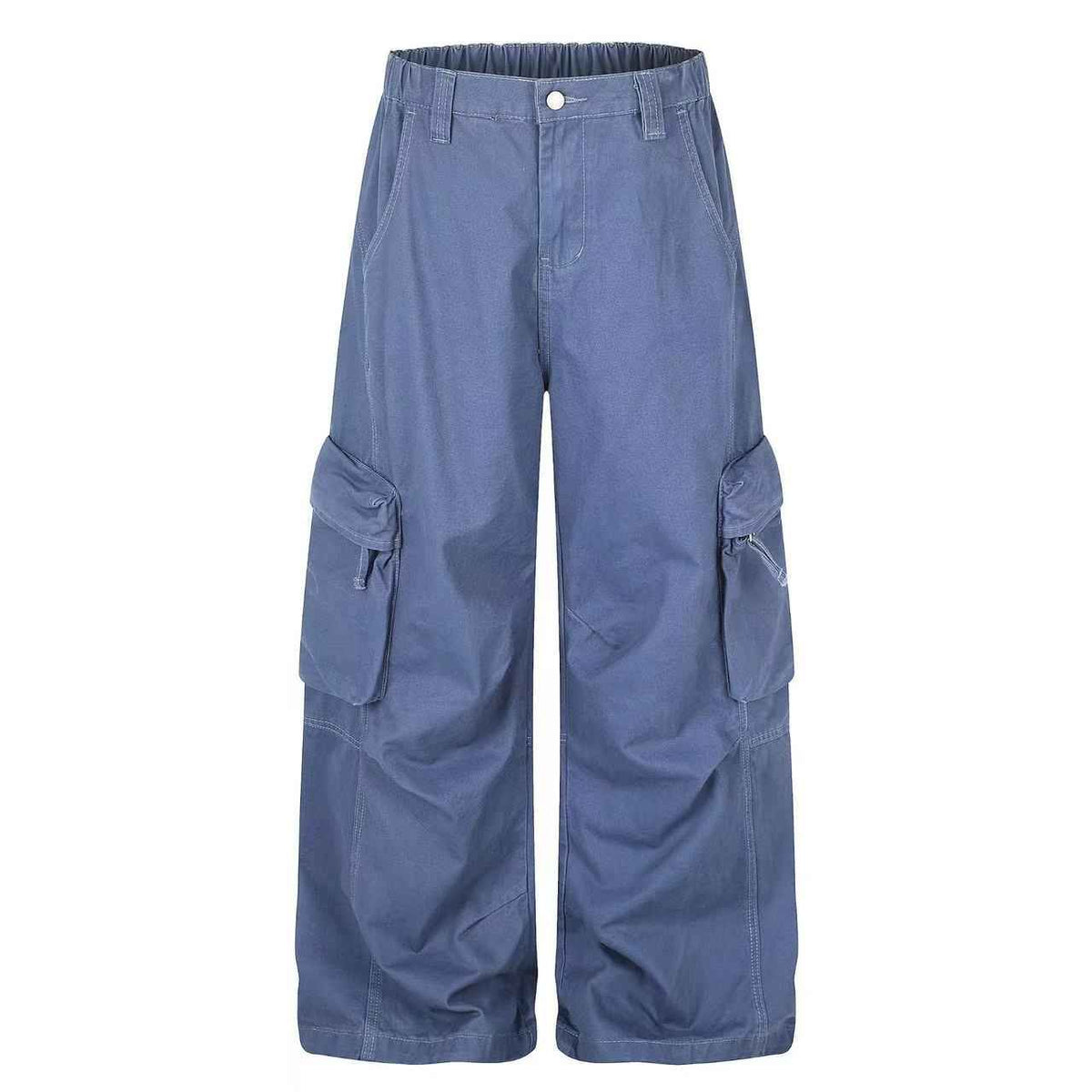 Washed Elastic Back Waist Side Flap Pocket Wide Leg Cargo Pants