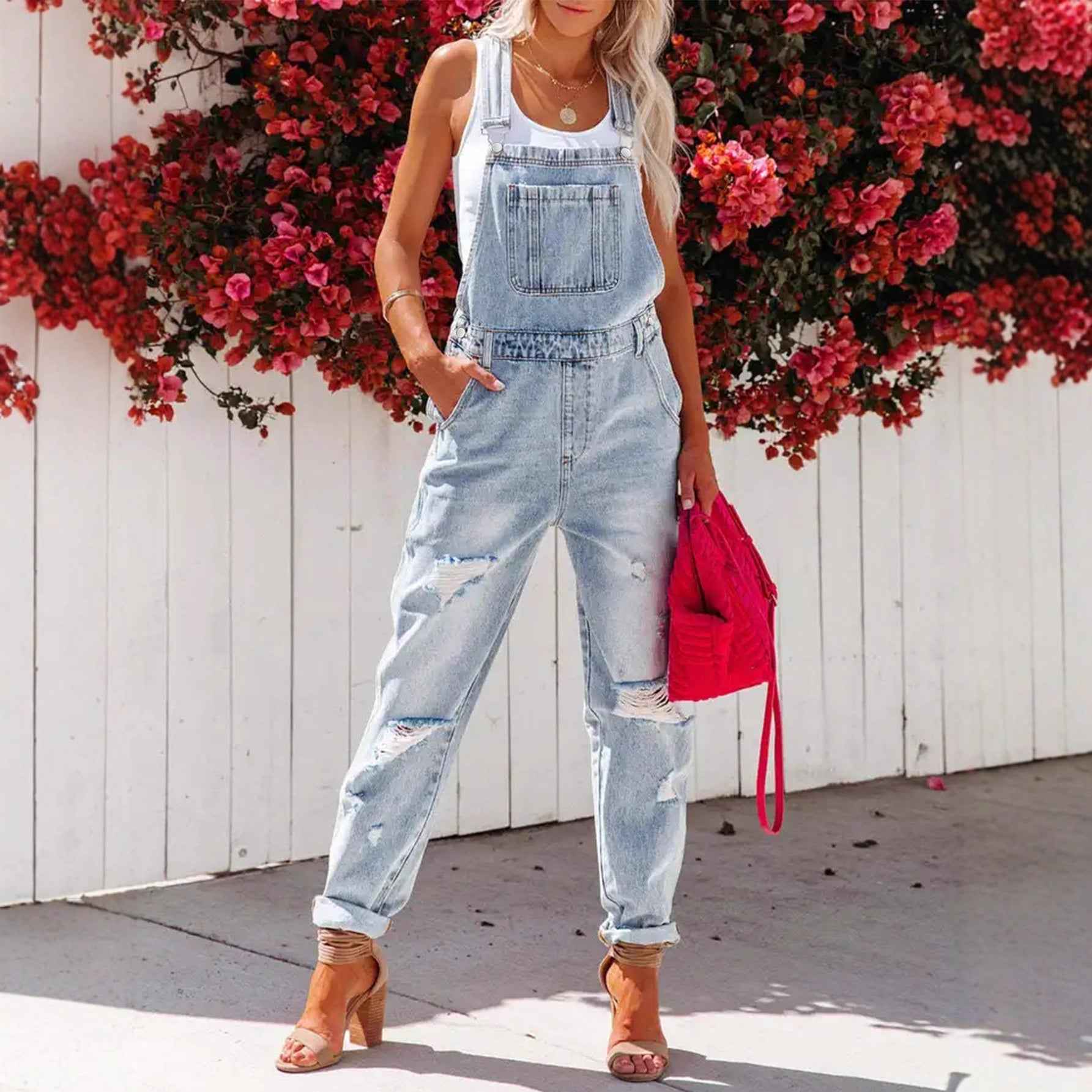 Cropped Blue Denim Overalls for Women with Ripped Details Casual FashionStrap Design, Perfect for Everyday Wear