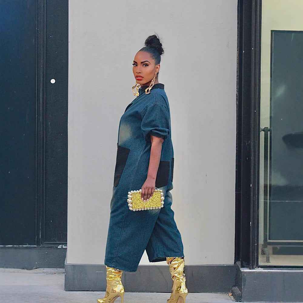 Style Patchwork Color-Blocking Large Pocket Wide-Leg Jumpsuit