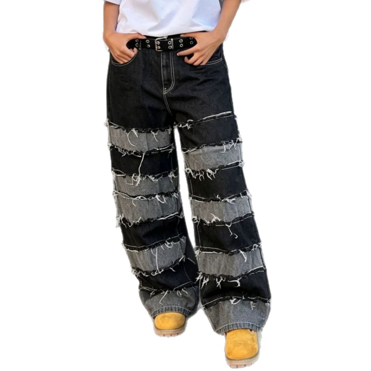 Street Deconstructed Black and Gray Patchwork Raw Hem Denim Pants