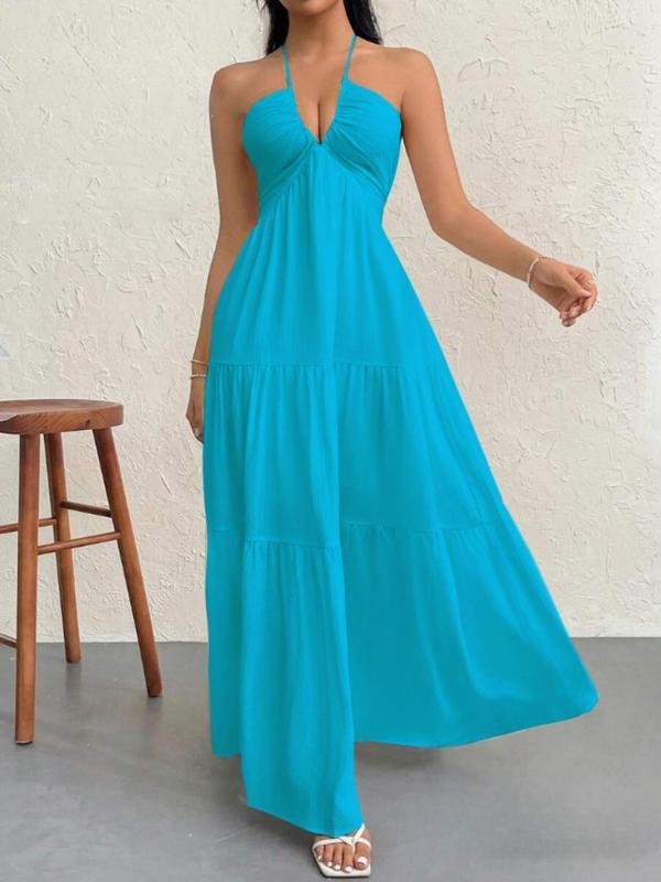 European and American Style Summer New Solid Color Strapless Sexy Backless Tie-Up Beach Vacation Casual Halter Neck Dress