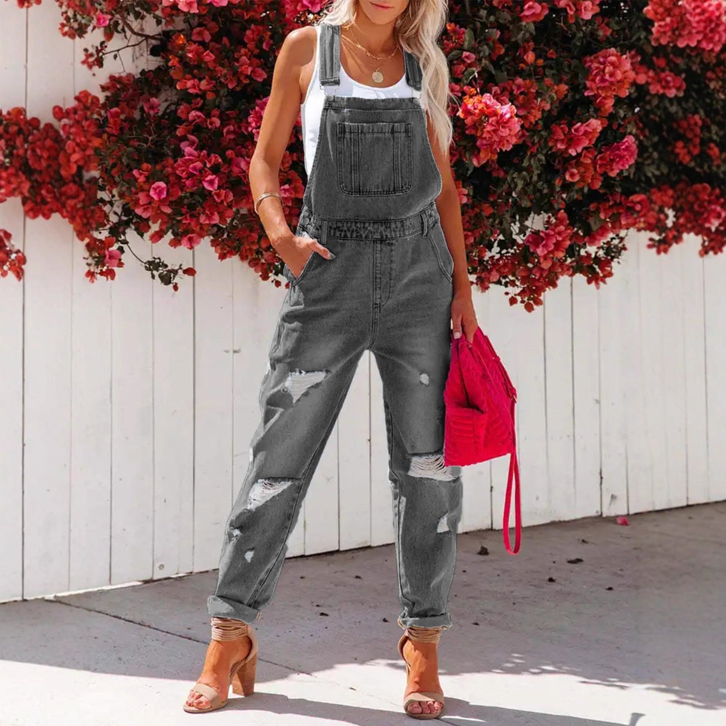 Cropped Blue Denim Overalls for Women with Ripped Details Casual FashionStrap Design, Perfect for Everyday Wear