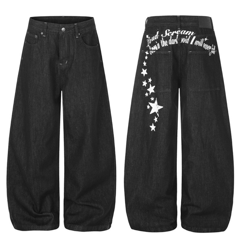 Vintage Star & Script Letter Print Black Baggy Wide Leg Jeans - OMYGOODS