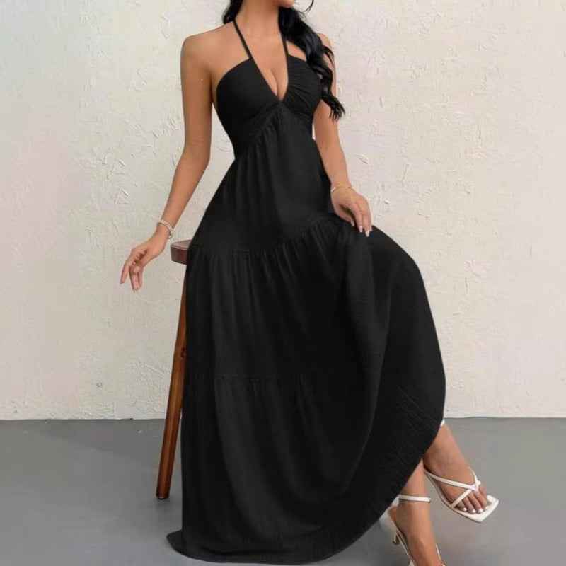 European and American Style Summer New Solid Color Strapless Sexy Backless Tie-Up Beach Vacation Casual Halter Neck Dress