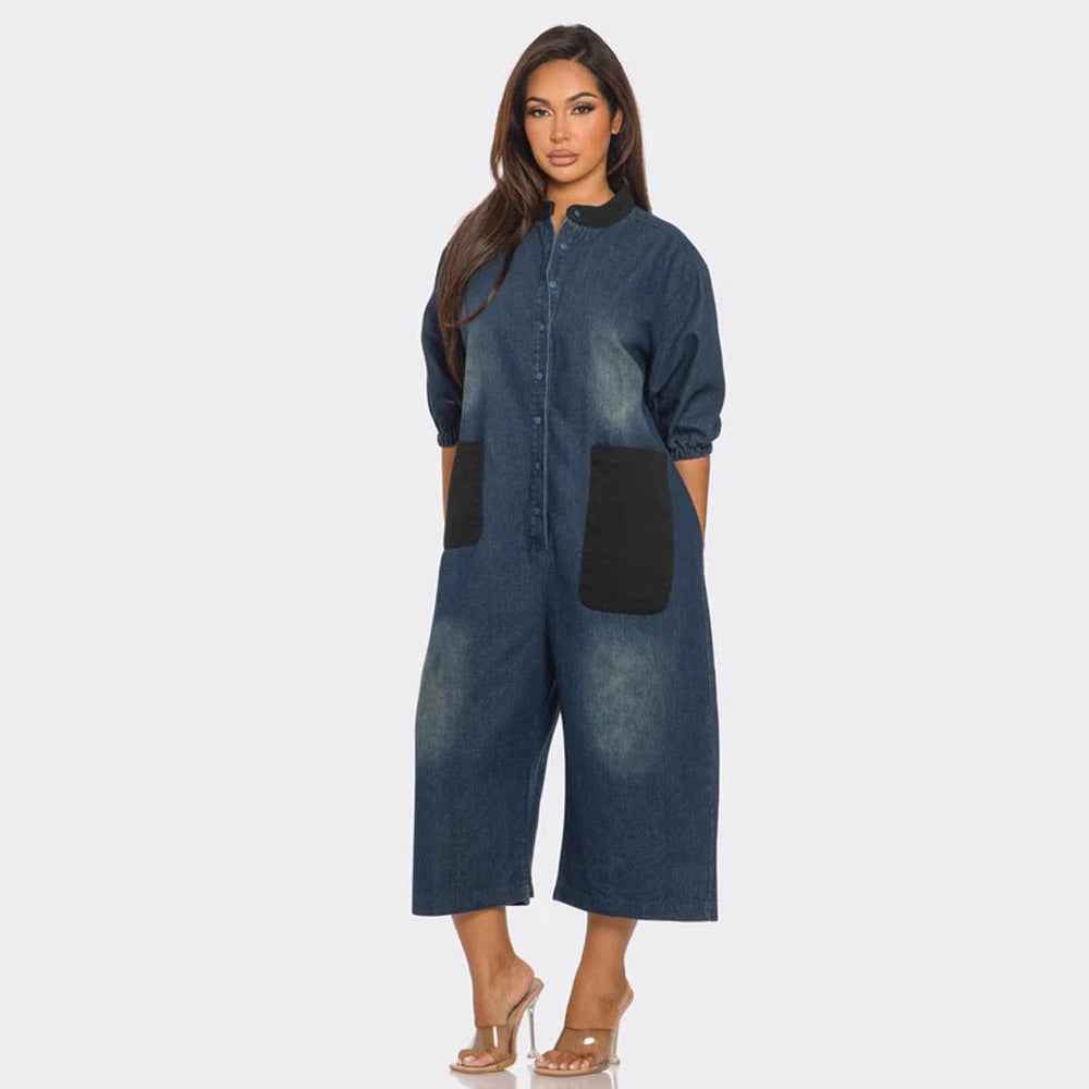 Style Patchwork Color-Blocking Large Pocket Wide-Leg Jumpsuit