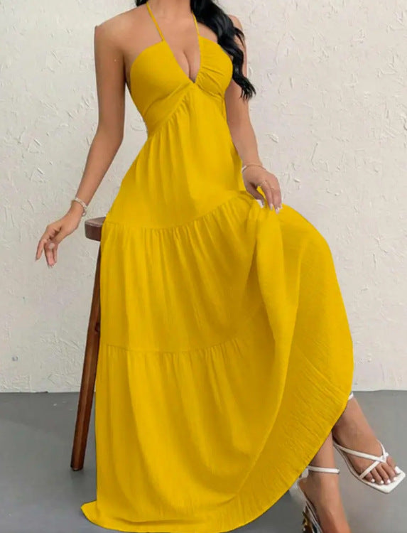 European and American Style Summer New Solid Color Strapless Sexy Backless Tie-Up Beach Vacation Casual Halter Neck Dress