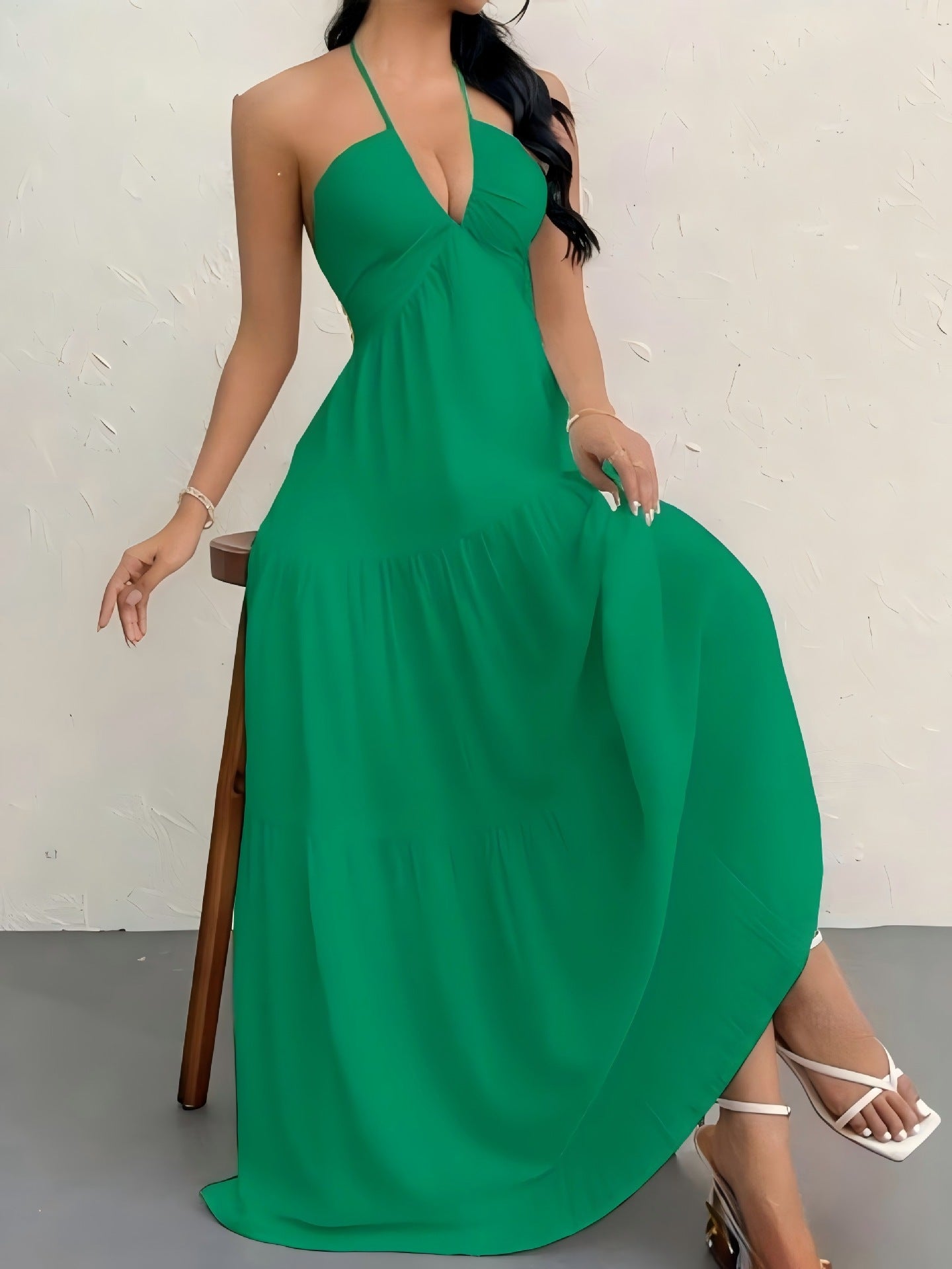 European and American Style Summer New Solid Color Strapless Sexy Backless Tie-Up Beach Vacation Casual Halter Neck Dress