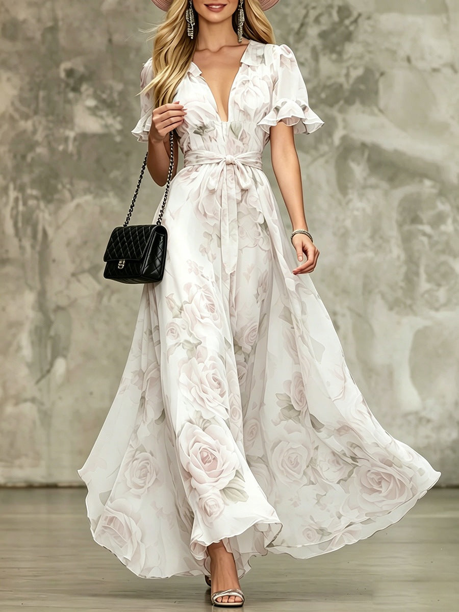 Deep V-neck ruffle sleeve printed dress
